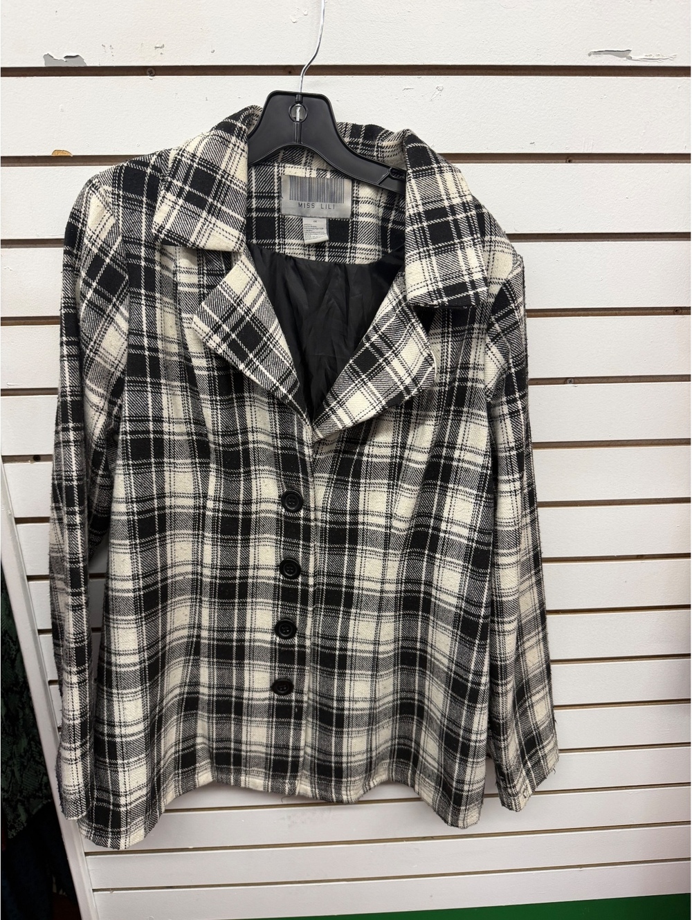 Miss Lili Plaid Wool Blend Coat Jacket Black Cream Size 1X